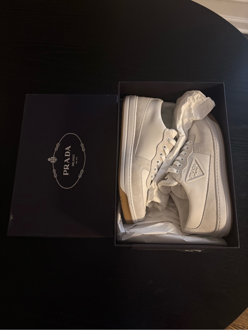 Prada Women’s White Leather Low-Top Sneakers, size 7